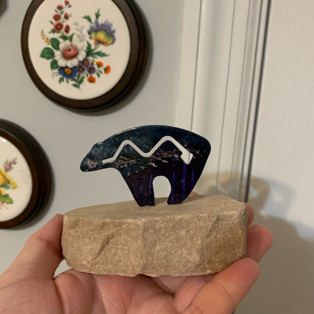 Stone with Decorative Bear Art Knick Knack